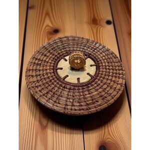 Vintage Pine needle woven & Pottery Bowl Cover / lid  Hotplate trivet 6" D